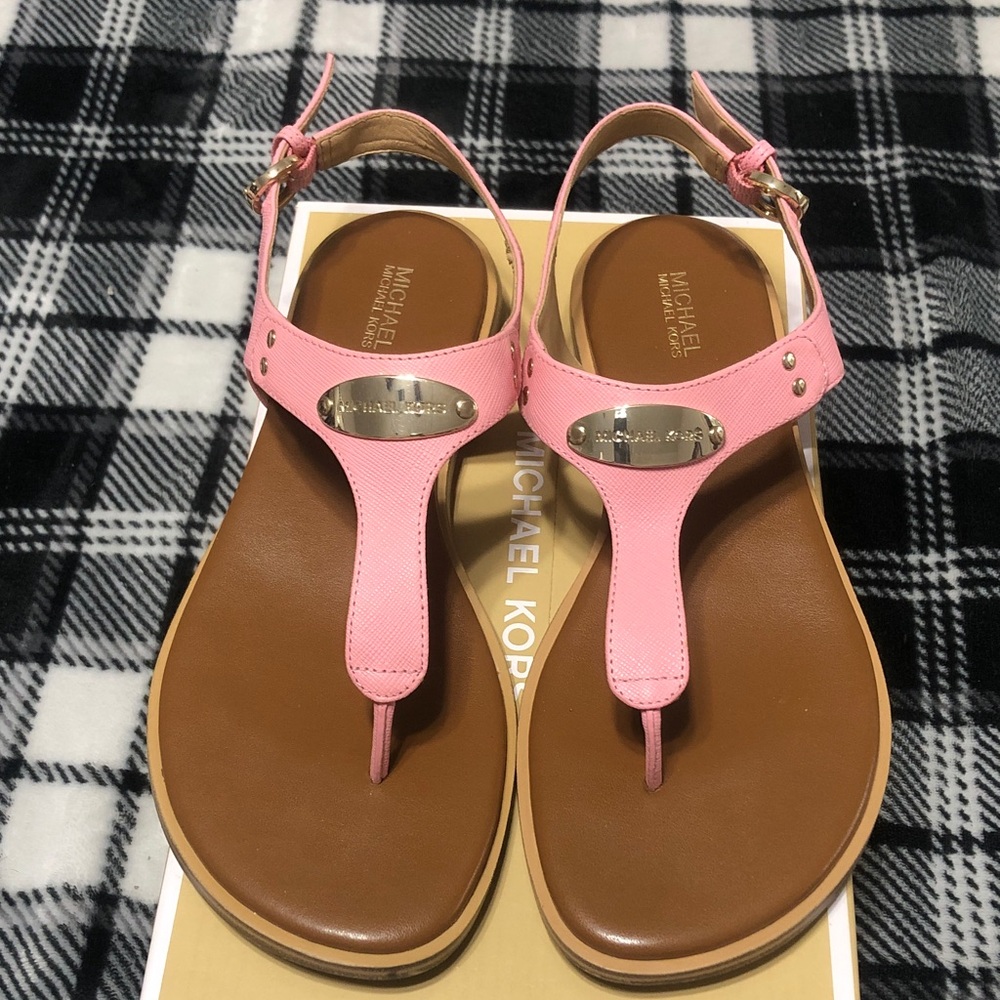 MICHAEL Michael Kors Pink Leather T-Strap Sandals with Gold Hardware